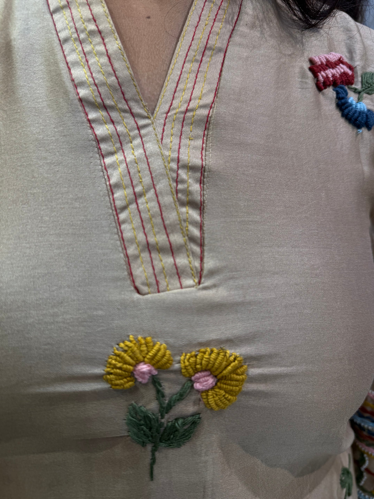 Thread Embroidery A-line Kurti With Pant and Scallop Cut Dupatta -HSC1215