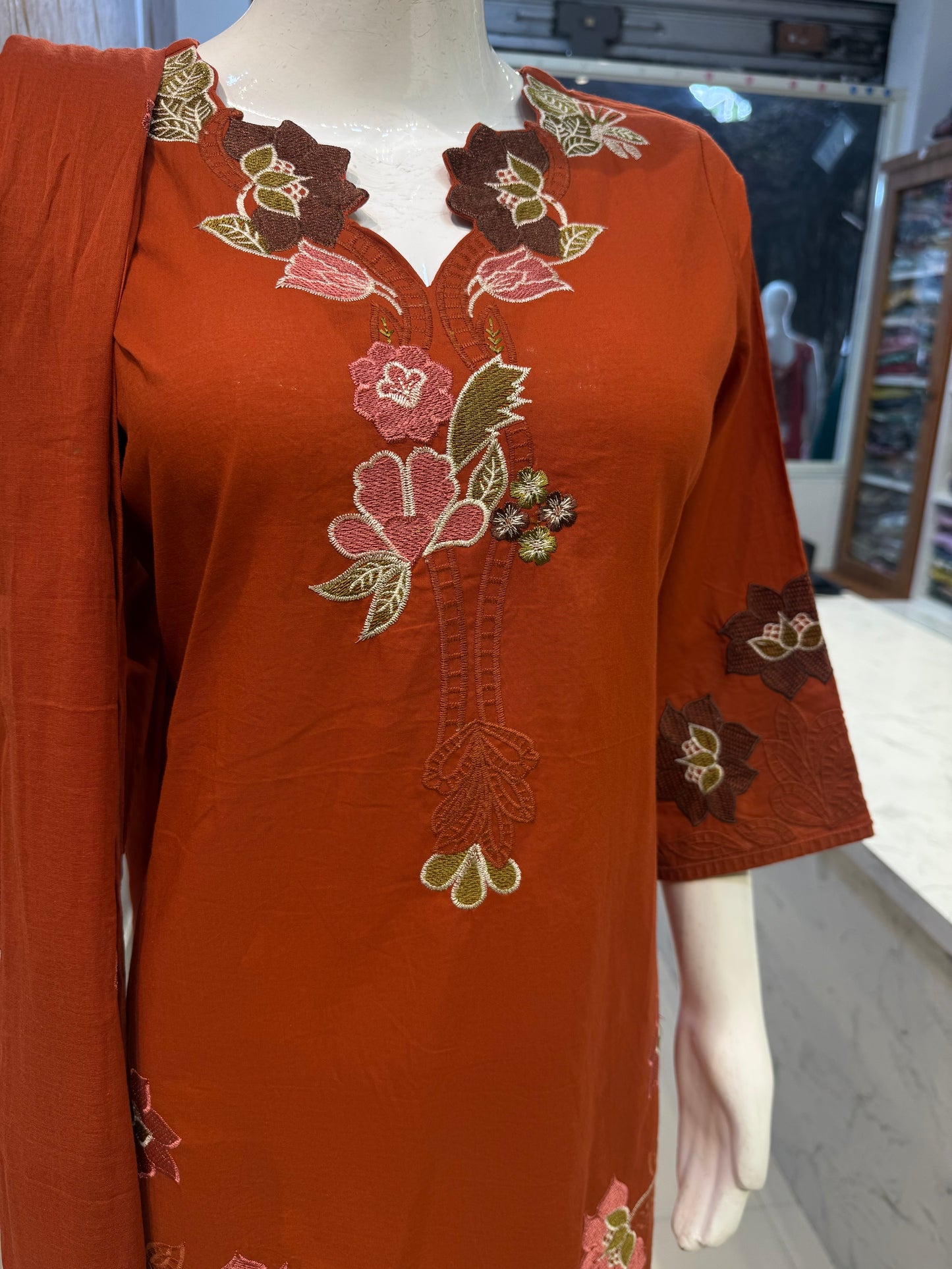 Rust Orange Floral Cutwork Cotton Kurti With Pant and Dupatta-HSC136