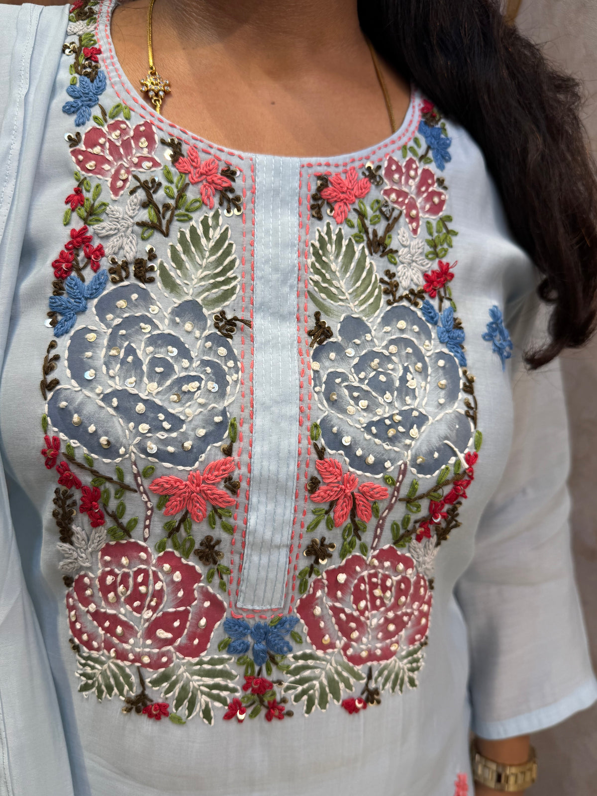 Sky Blue Embroidery Thread Work Kurti With Pant and Dupatta -HSC1236