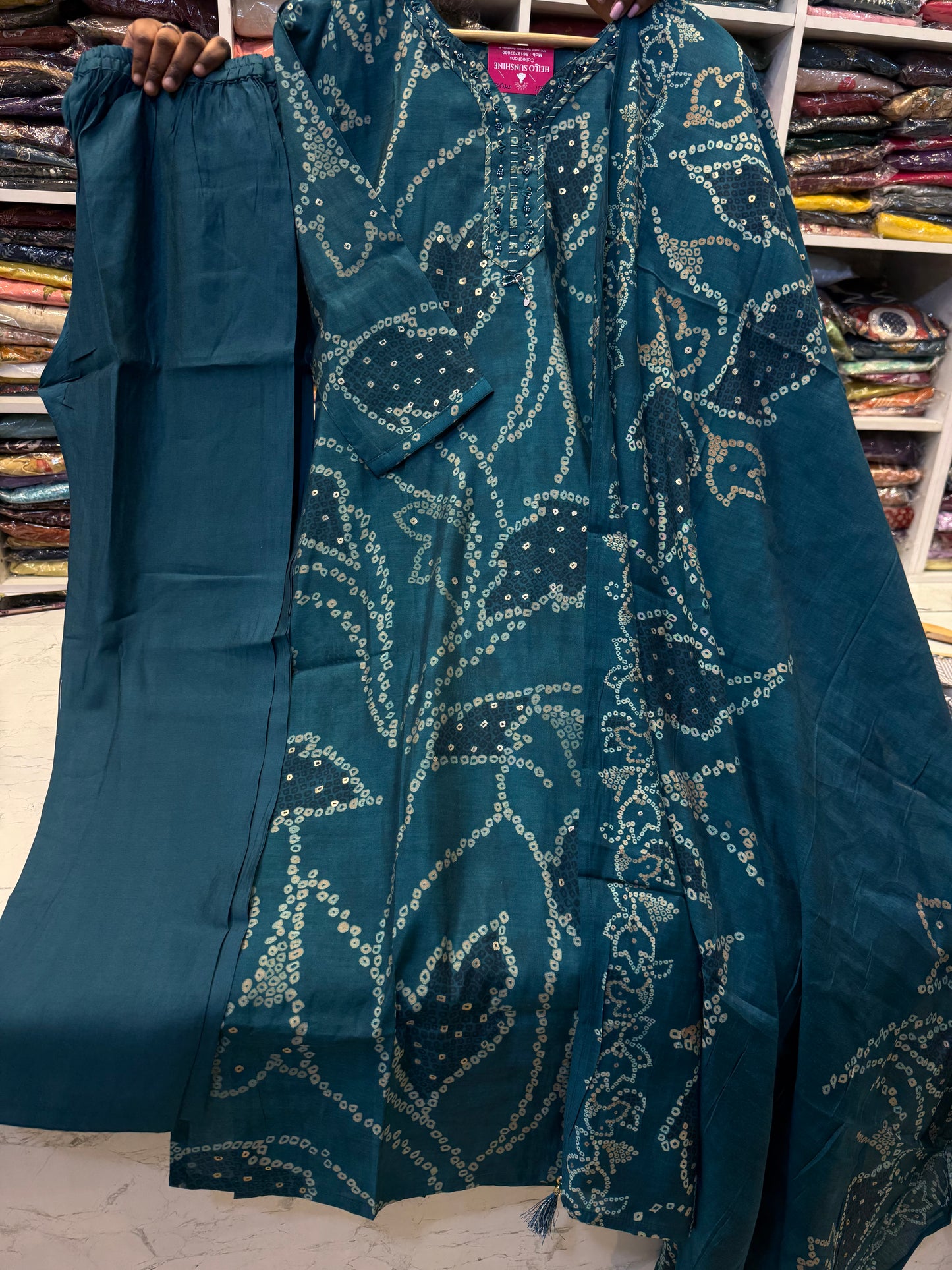 Peacock Blue Pure Muslin Kurti With Pant and Dupatta-HSC118