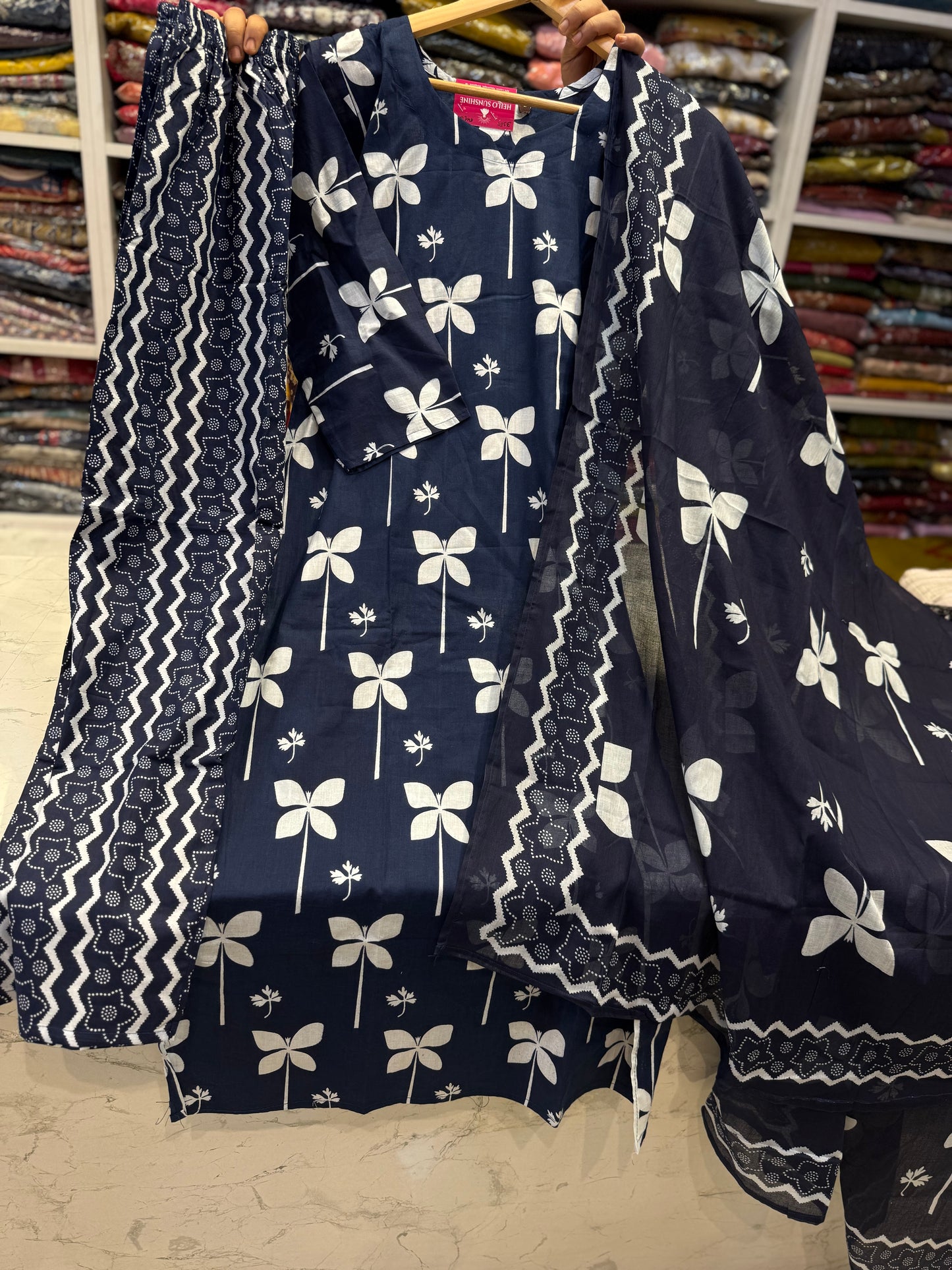 Navy Blue Printed Cotton Kurti With Pant and Dupatta-HSC154