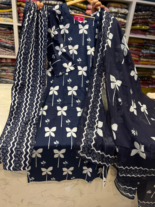 Navy Blue Printed Cotton Kurti With Pant and Dupatta-HSC154