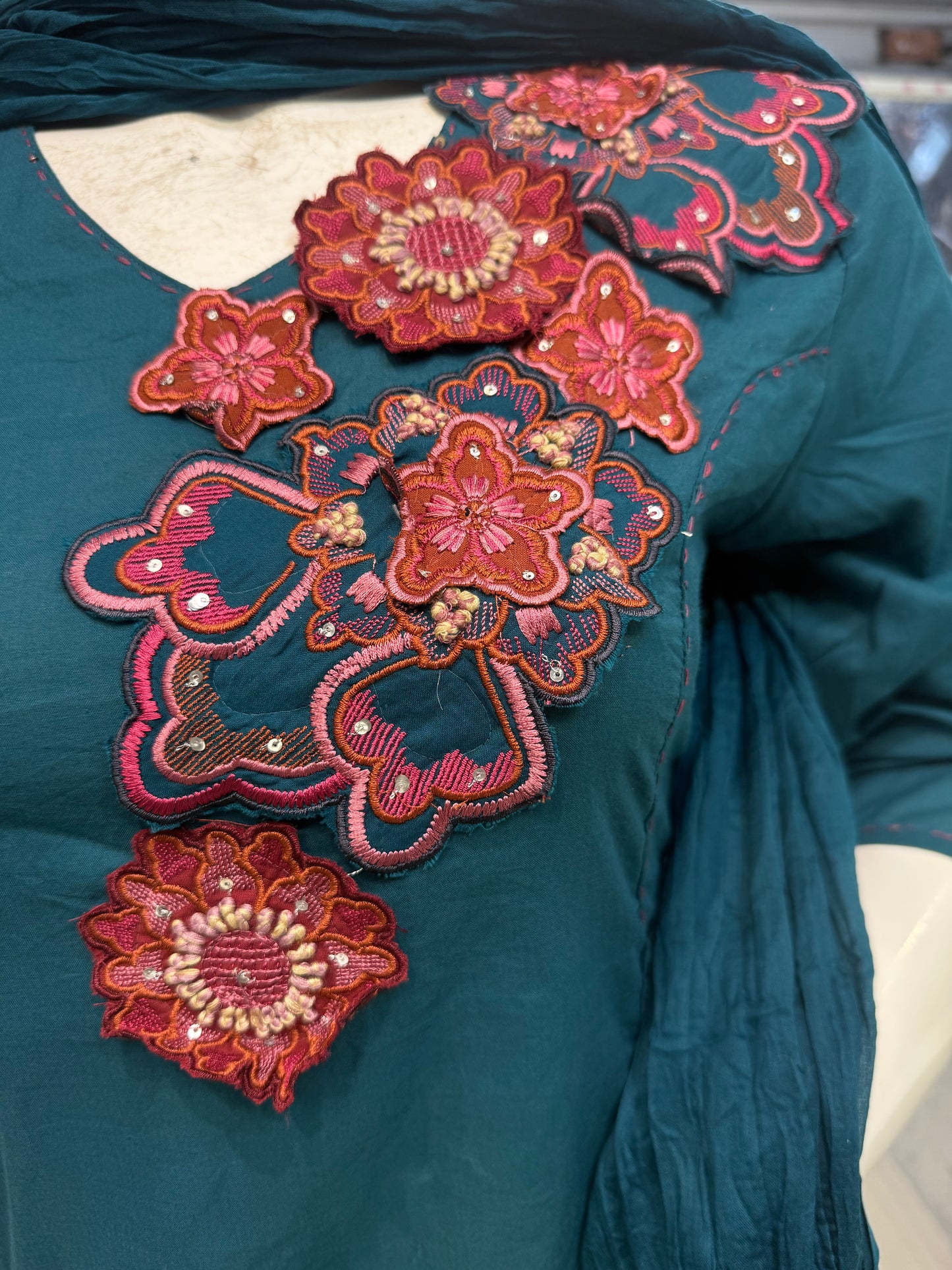 Teal Blue Appliqué Pure Cotton Kurti With Pant and Dupatta-HSC121