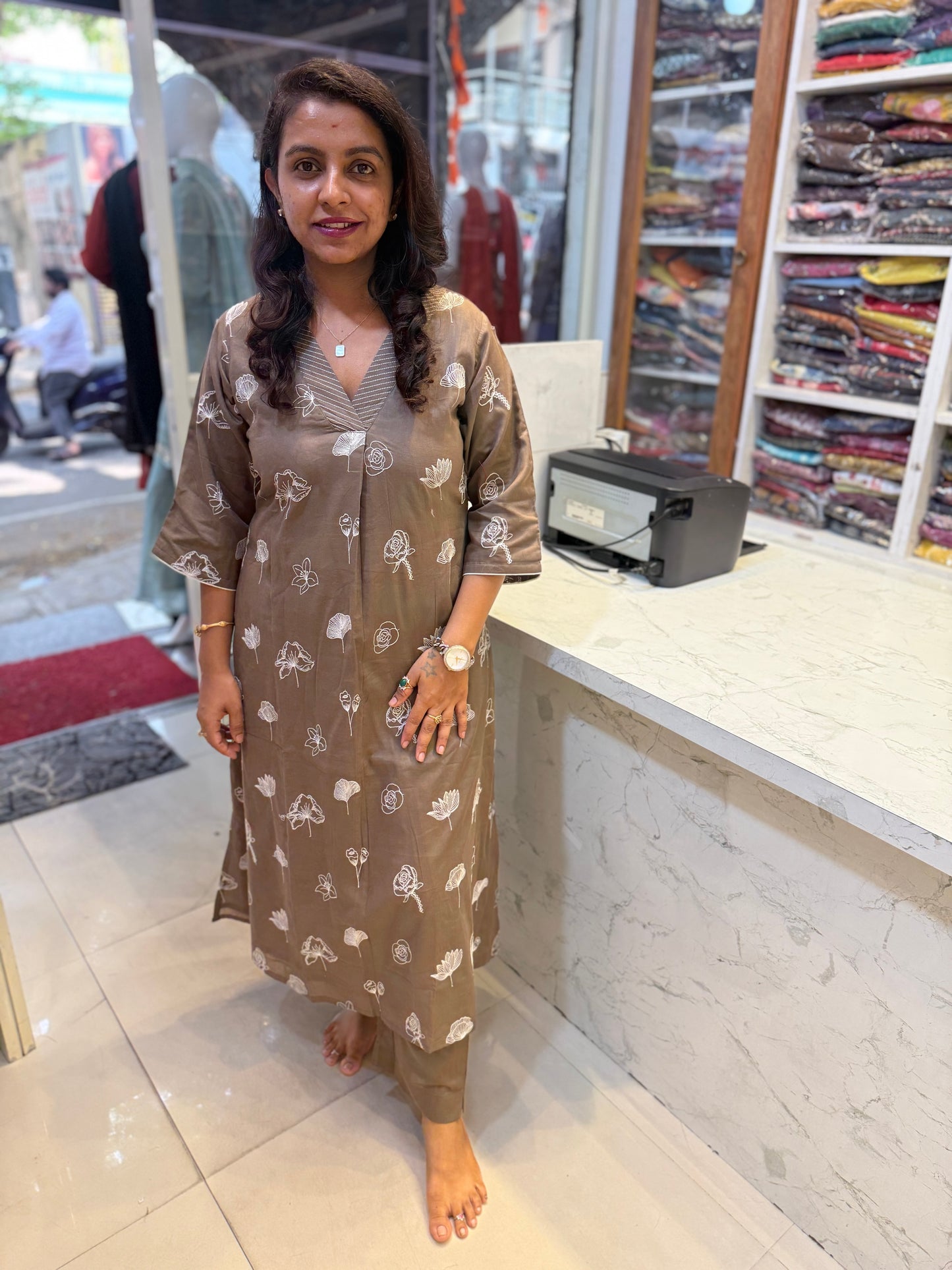 Trendy V neck Pure Cotton Embroidery Kurti With Pant-HSC49