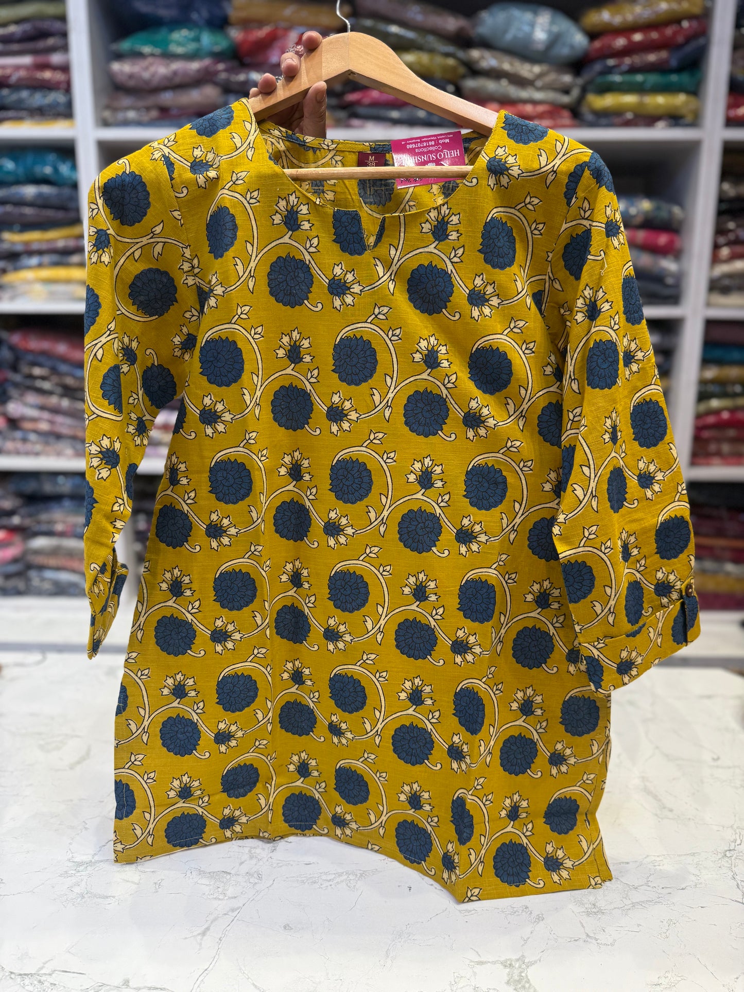 Mustard Printed Pure Cotton Tunics Top
