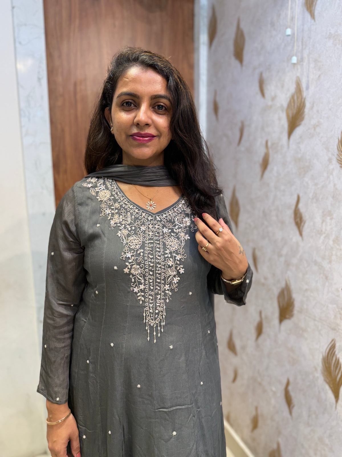 Grey Pure Chinnon Anarkali Hand Embroidery Kurti With Pant and Dupatta - HSC1177