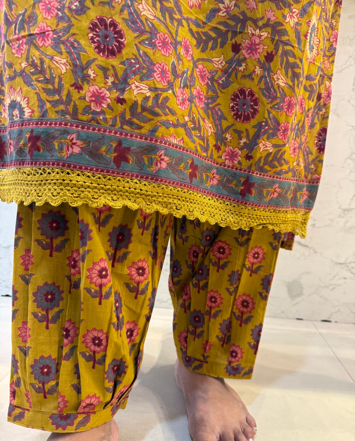Afghani Mustard Pure Cotton Kurti Set-HSC117