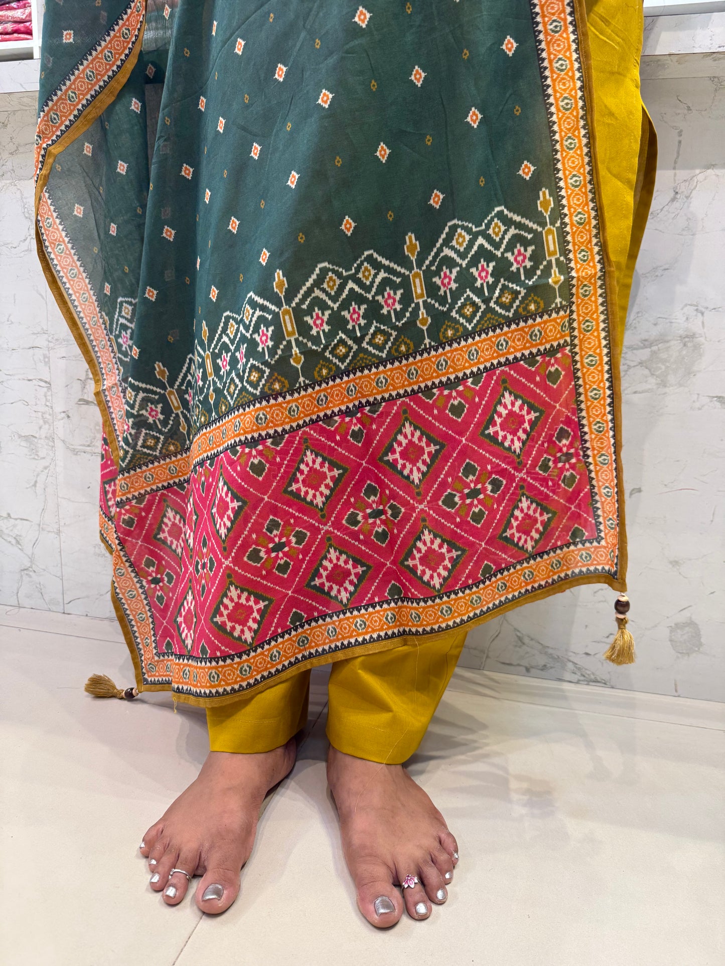 Mustard Pure Cotton Flex Ikat Contrast Green Dupatta-HSC116