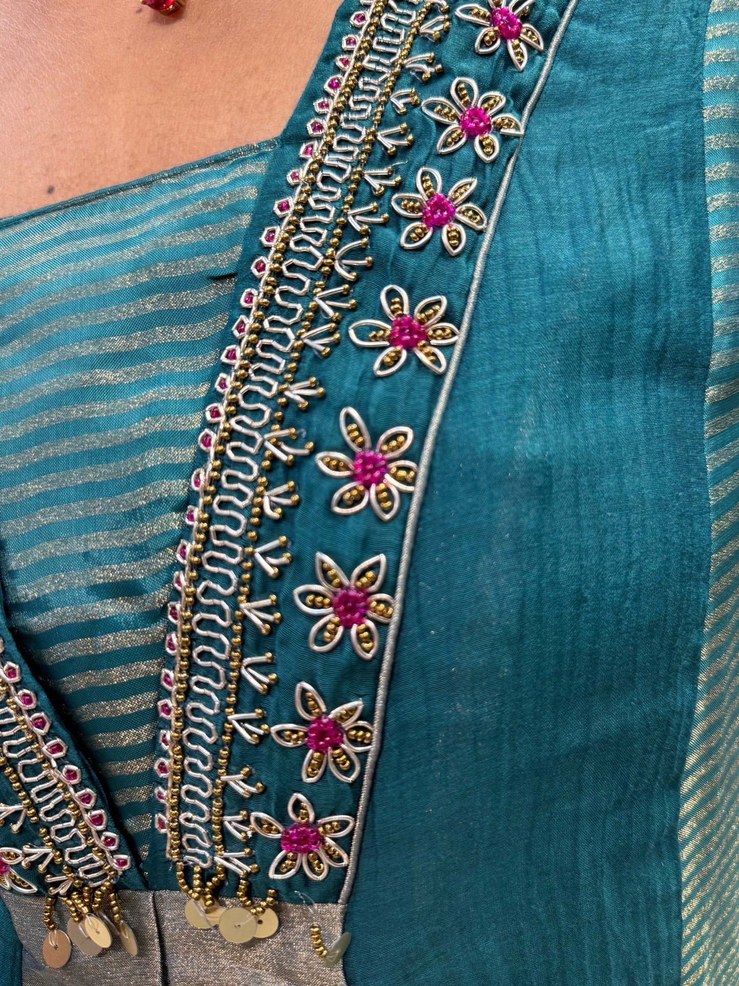 Teal Blue Pure Banarasi Mul Chanderi A-line Kurti With Pant and Dupatta