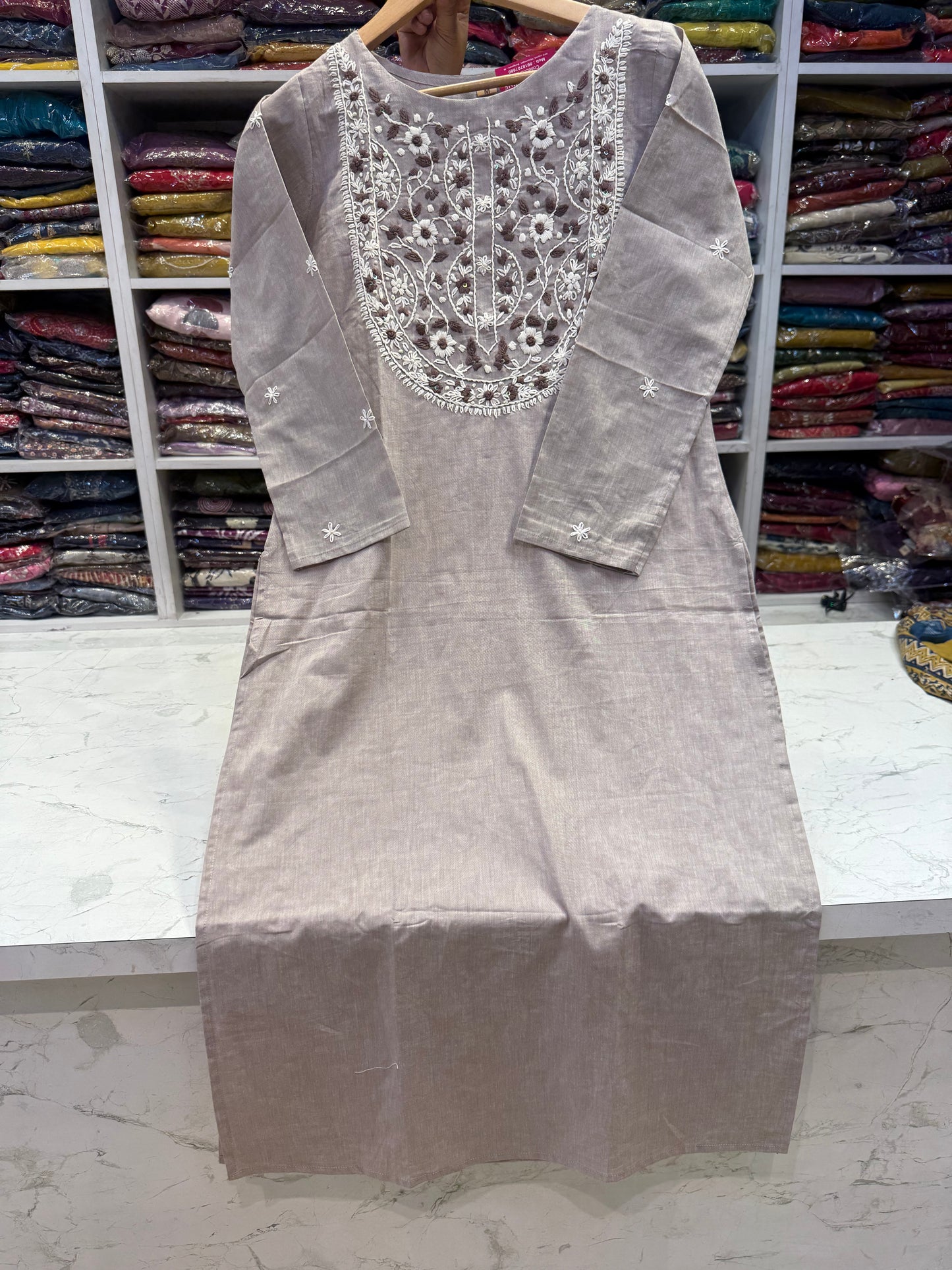 Grey Thread Work Cotton Kurti