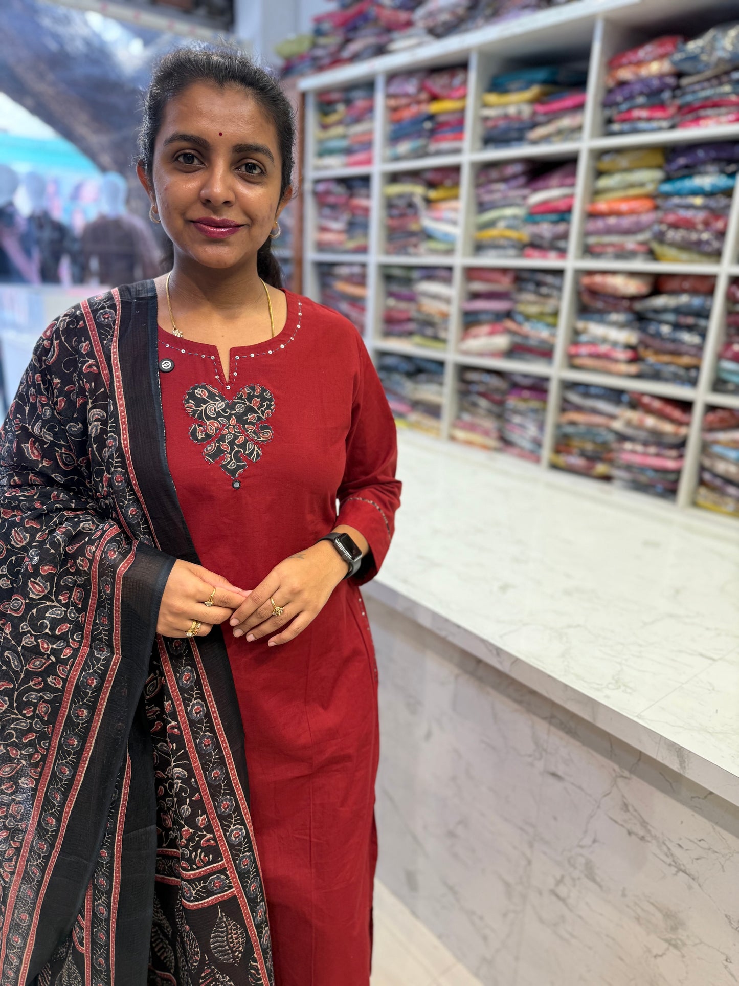 Marron Back Embroidery Kurti with Pant and Dupatta