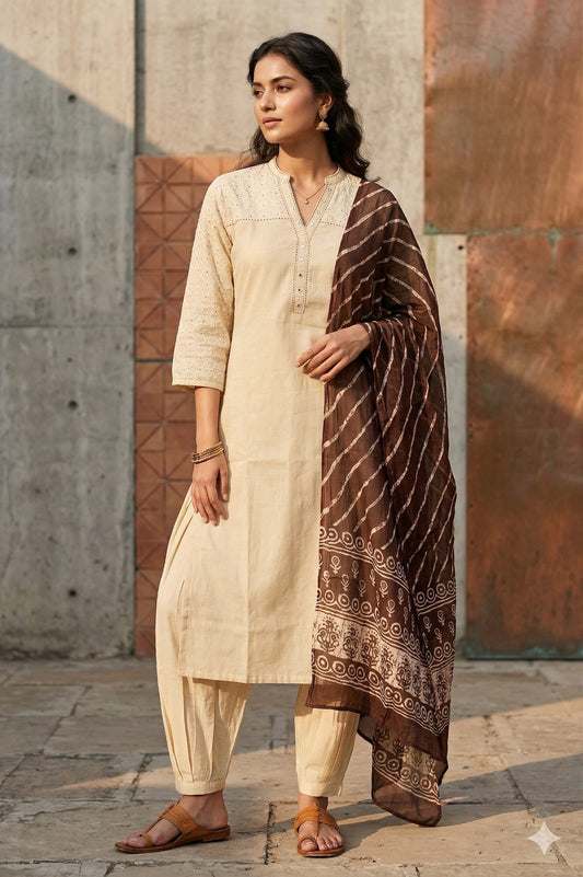 Hakoba sleeves Staright Kurti With Afghani Pant and Constrast Brown Dupatta-HSC185