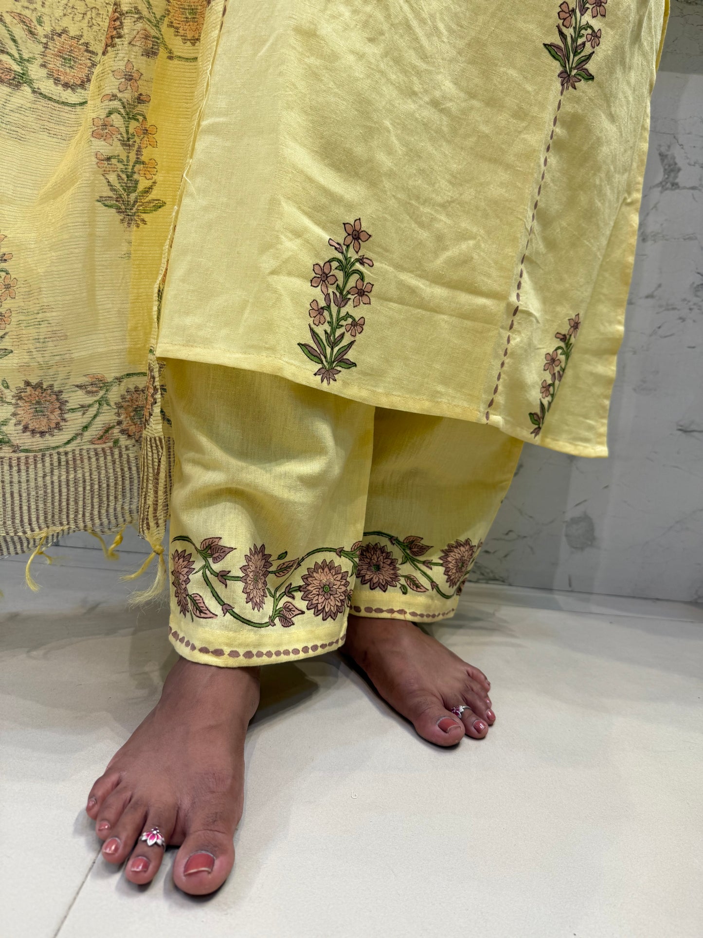 Lemon Yellow Pure Cotton Flex Embroidery Kurti With Pant and Dupatta - HSC1146