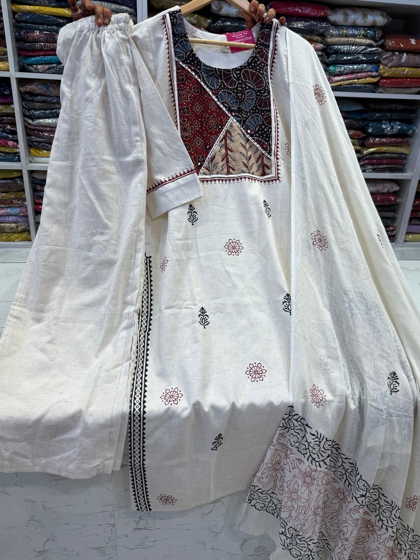 Block Printed Half White Pure Cotton Kurti With Pant and Dupatta