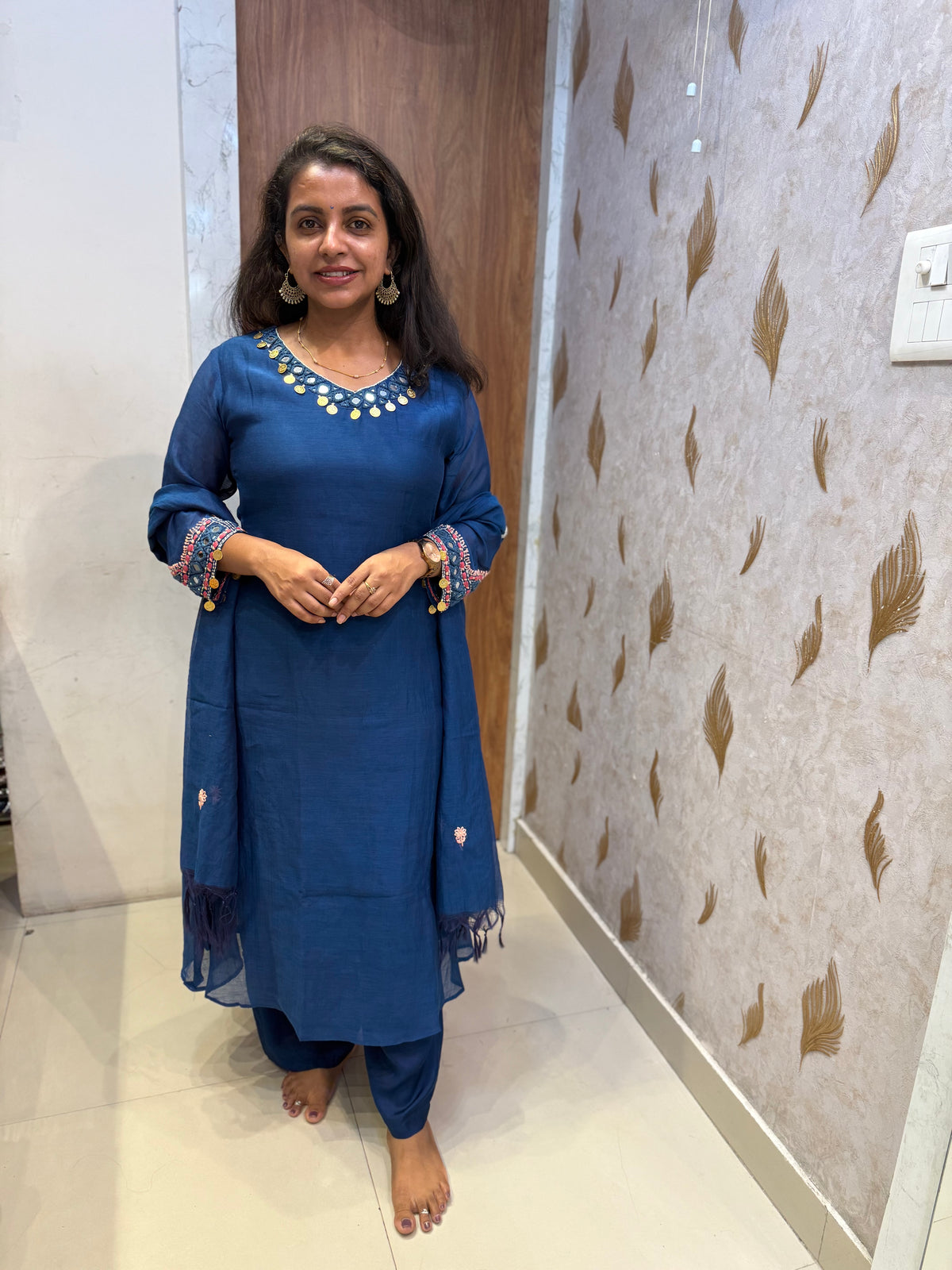 Ink Blue Hand Embroidery Pure Banarasi Mul Chanderi A-line Kurti With Pant and Dupatta -HSC1276