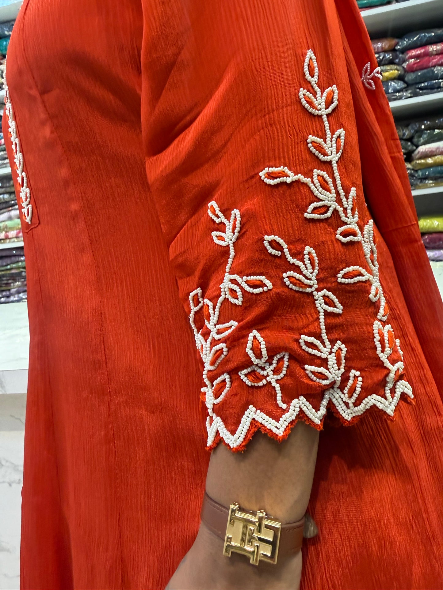 Rust Orange Pure Chinnon Hand Embroidery Kurti With Pant and Dupatta-HSC134