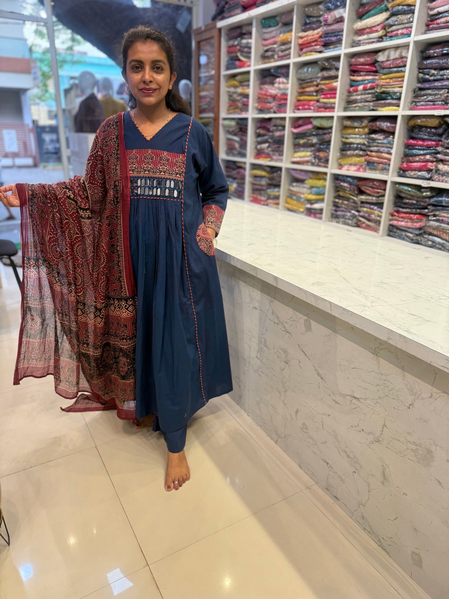 Navy Blue Pure Cotton Mirror Embroidery Kurti With Pant and Printed Brown Dupatta-HSC139