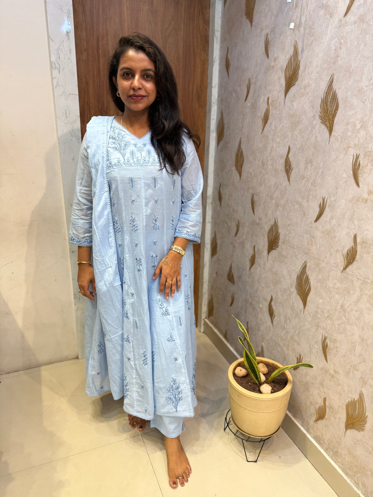 Sky Blue Mul Cotton Embroidery A-line Kurti With Pant and Dupatta -HSC1254