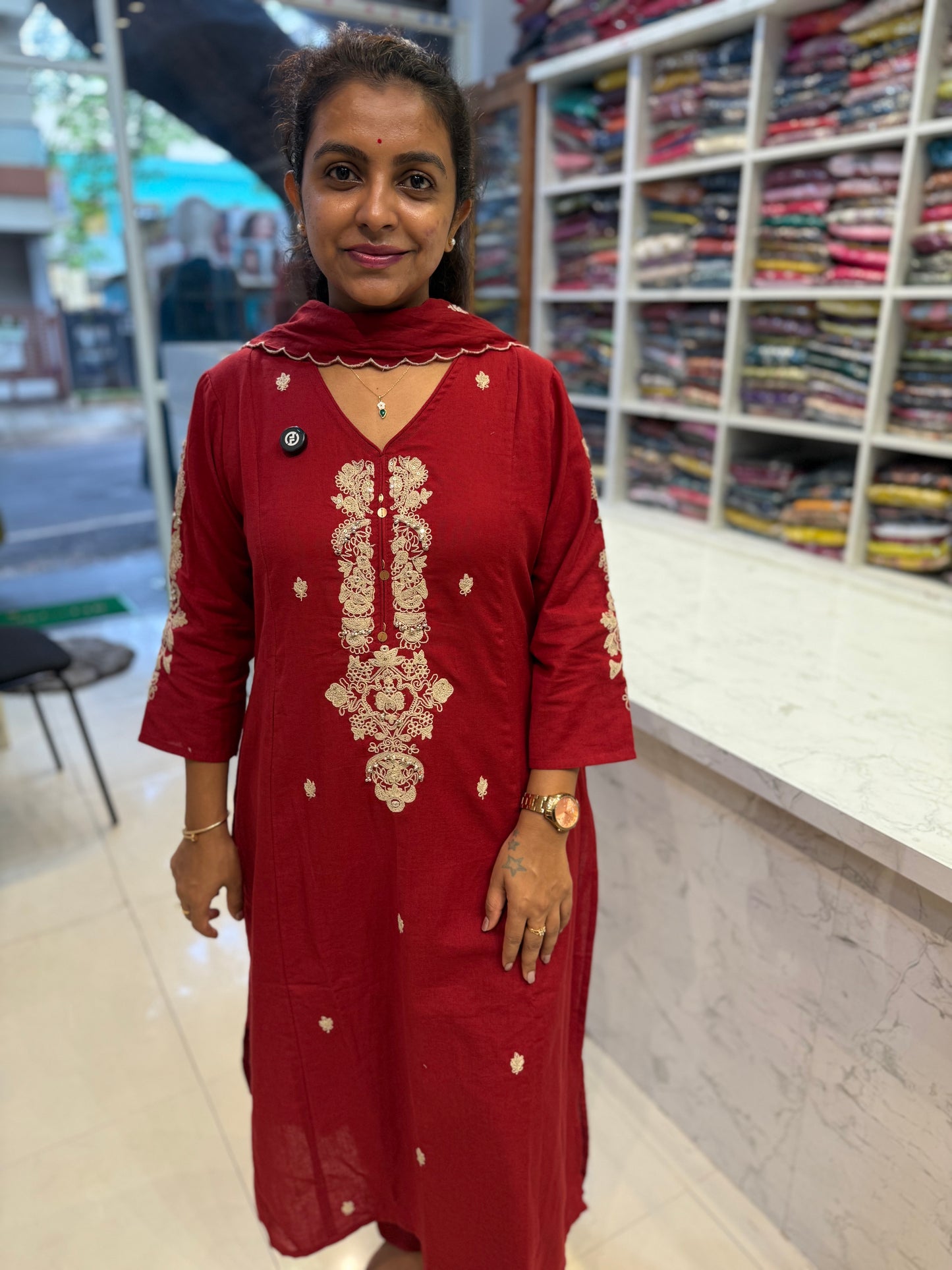 Marron Pure Cotton Flex Hand Embroidery Kurti With Pant and Dupatta-HSC156