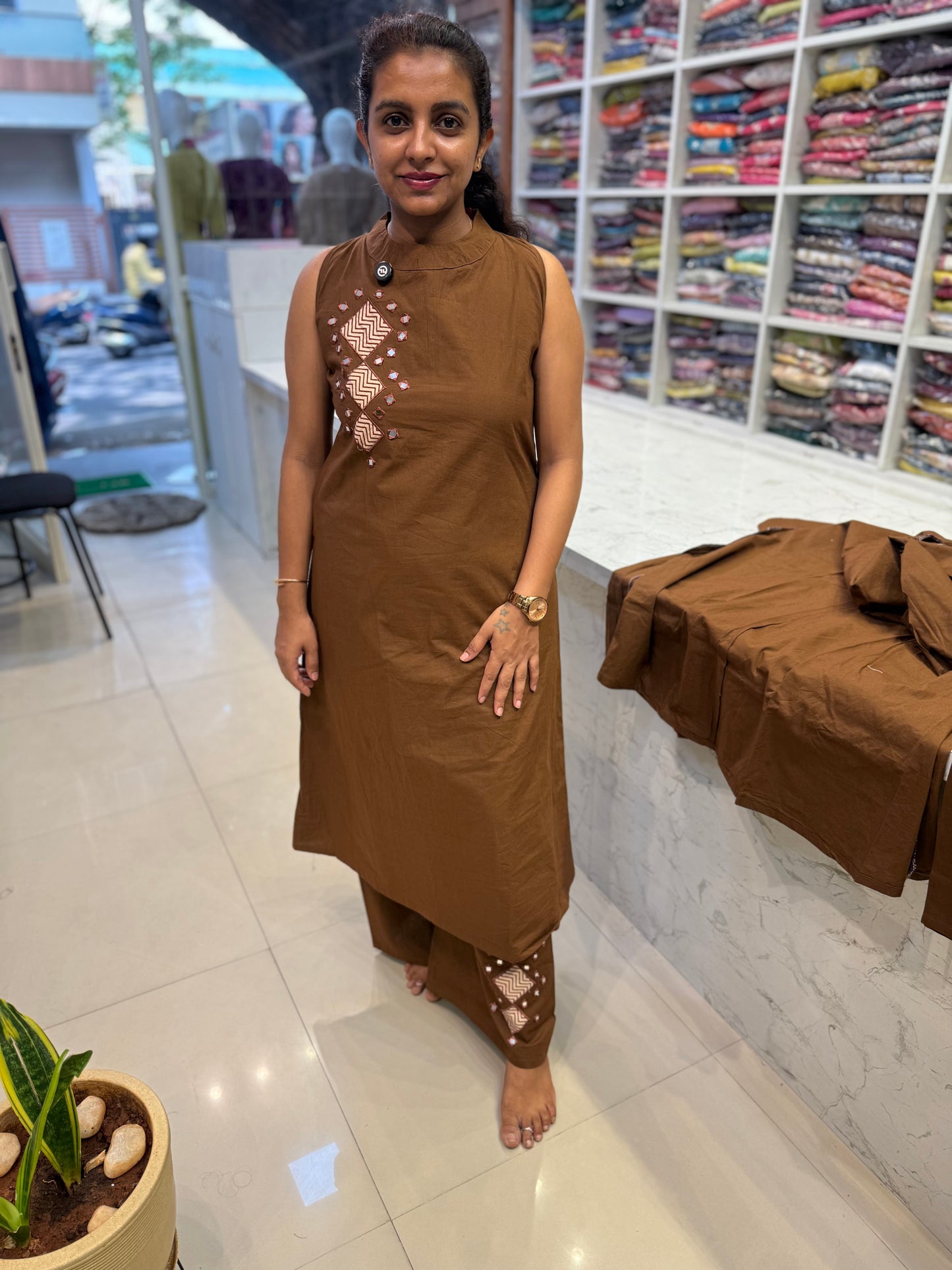 Brown Pure Cotton Dhabu Co-ords Set-HSC100
