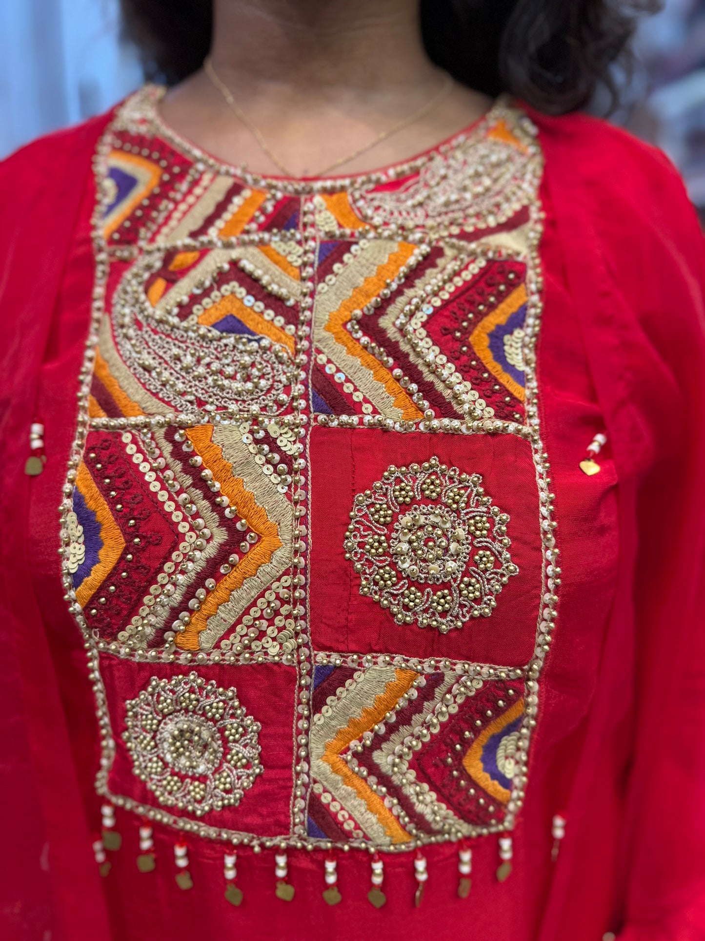 Red Hand Embroidery Dola Silk Kurti With Sharara Pant with Shrug-HSC189