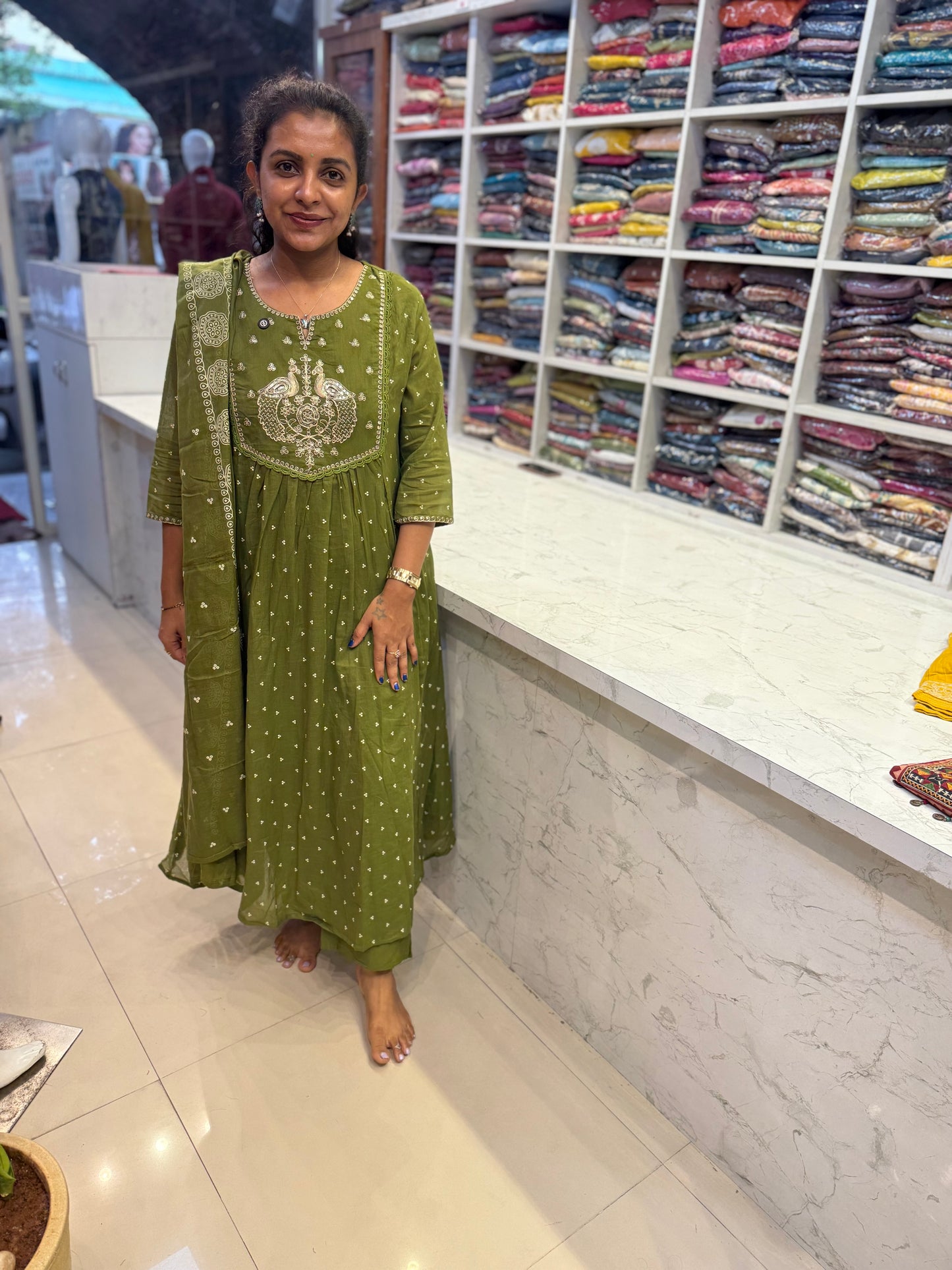 Mul cotton Anarkali Kurti With Pant and Dupatta