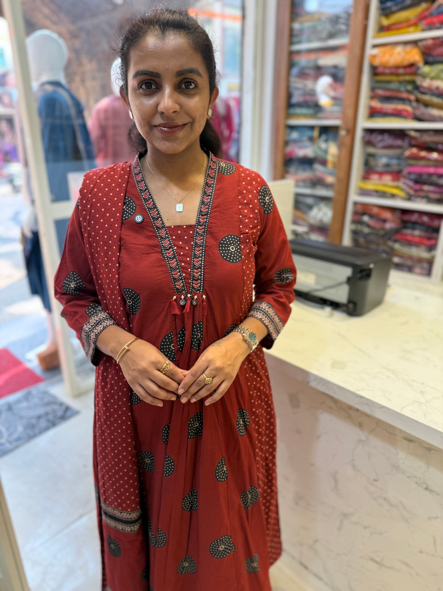 Printed Marron A-line Kurti With Pant and Dupatta