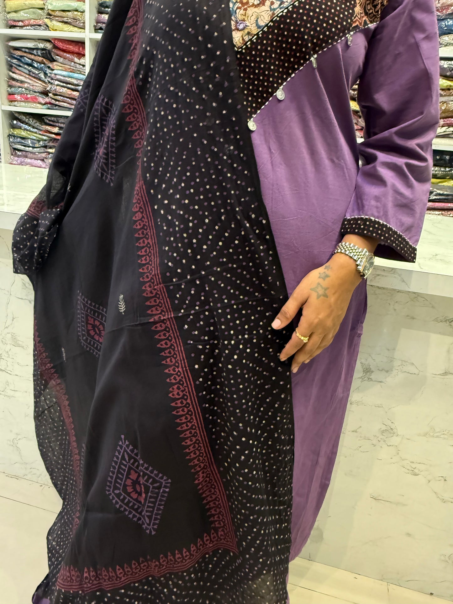 Deep Lavender with Black Cotton Kurti With Pant and Dupatta