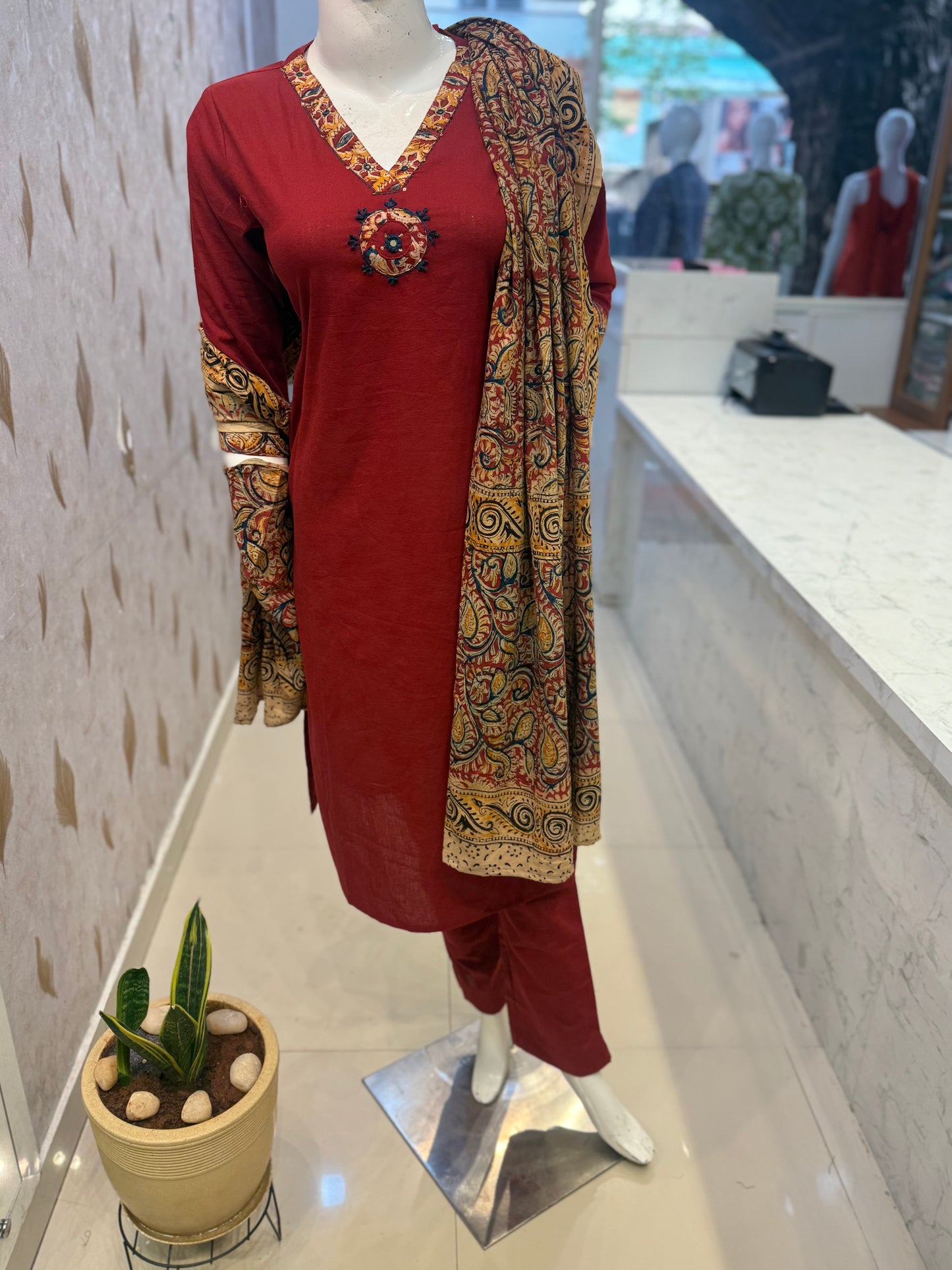 Kalamkari Pure Cotton Patch Work Printed Kurti With Pant and Dupatta