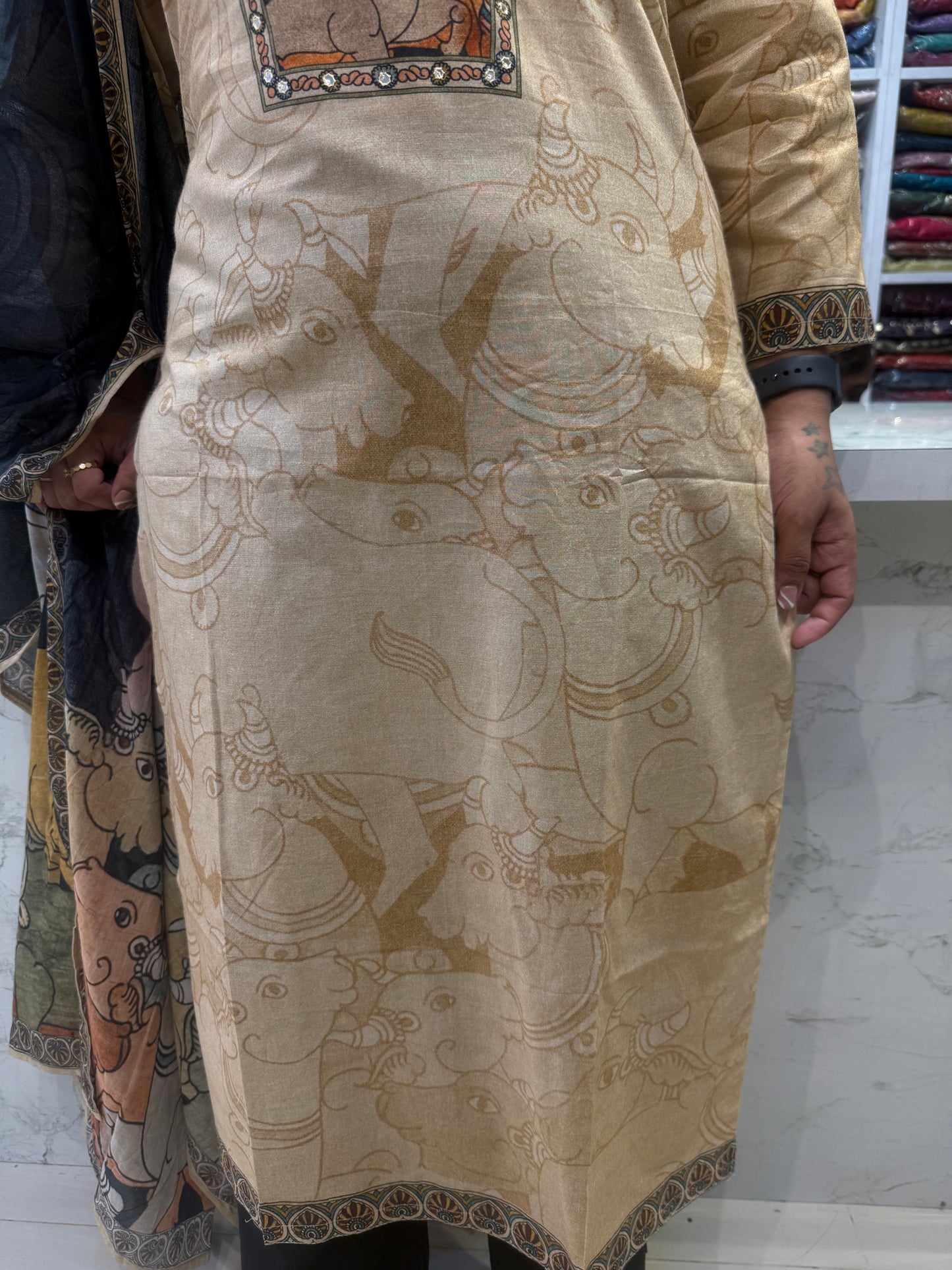 Pichwai Printed Cotton Kurti With Pant and Dupatta-HSC114