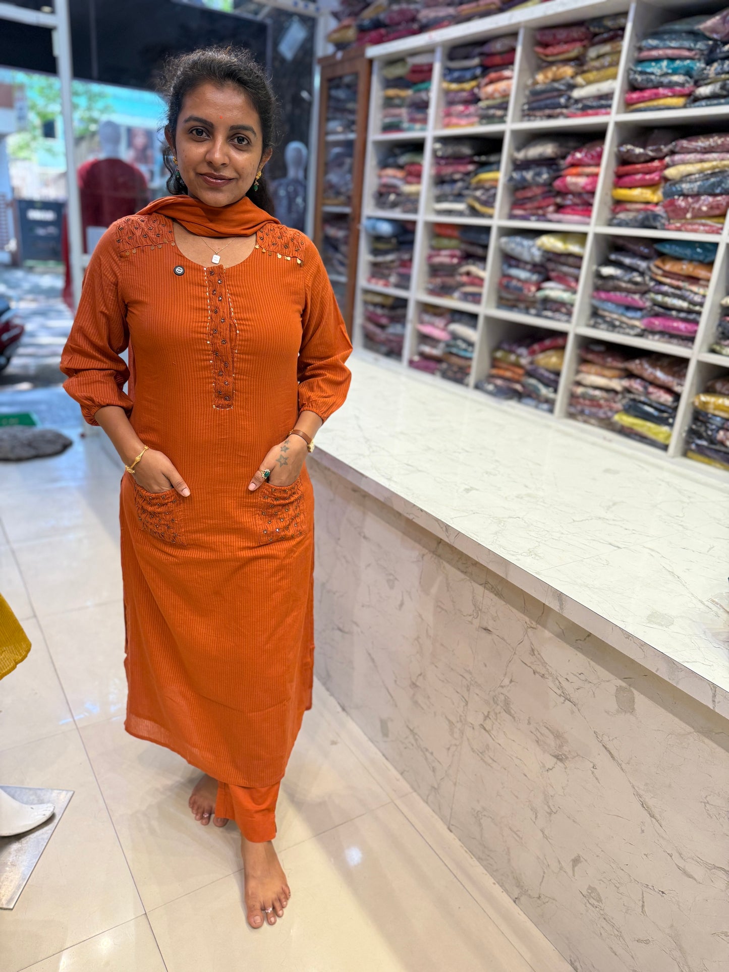 Rust Orange Two Pockets Hand Embroidery Pure Cotton Silly Kurti With Pant and Dupatta-HSC56