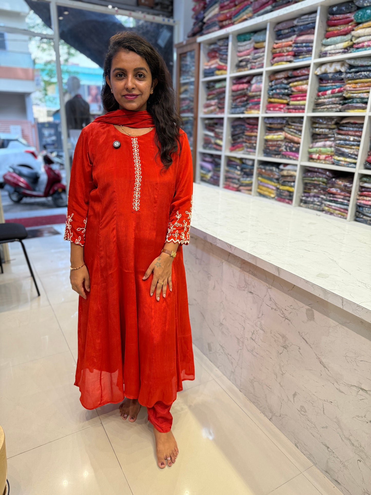 Rust Orange Pure Chinnon Hand Embroidery Kurti With Pant and Dupatta-HSC134