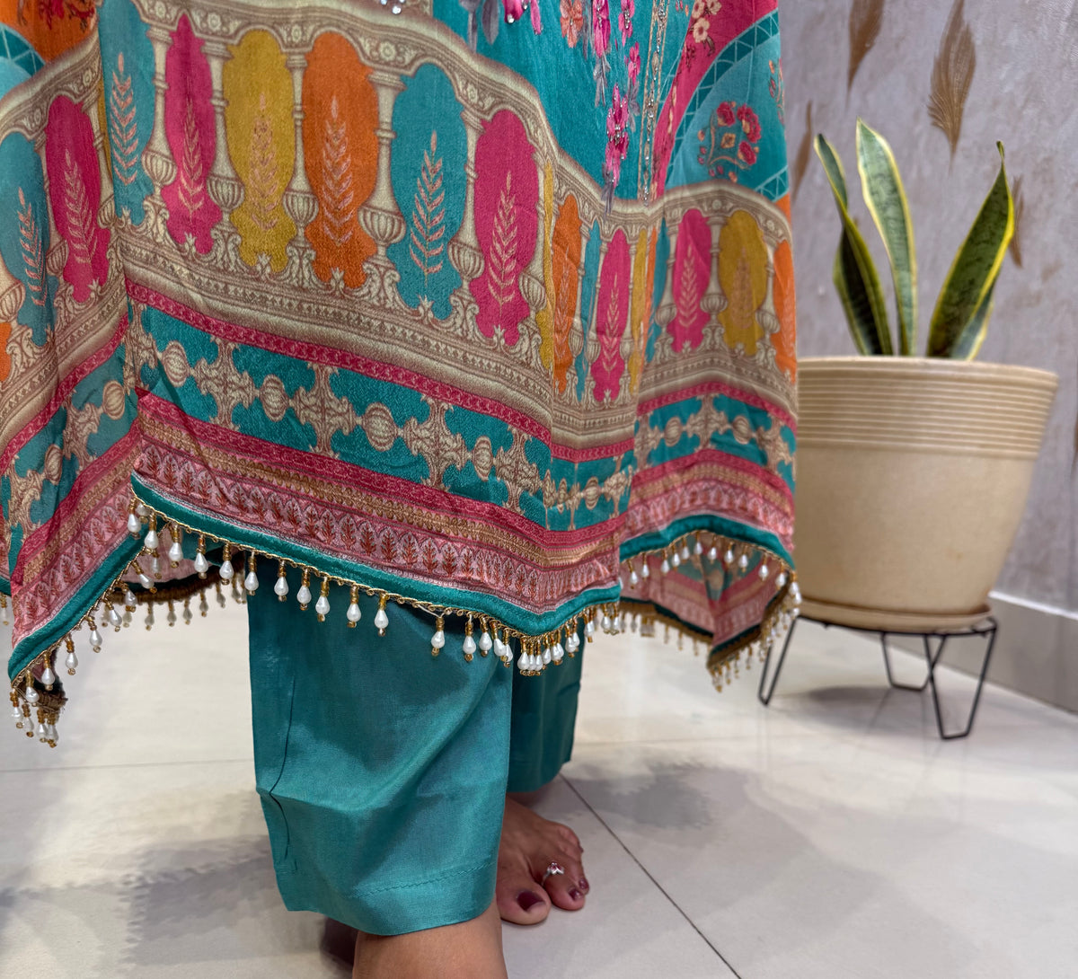 Digital Printed Pure Chinnon Beads Fishcut Kurti With Pant and Dupatta -HSC1231