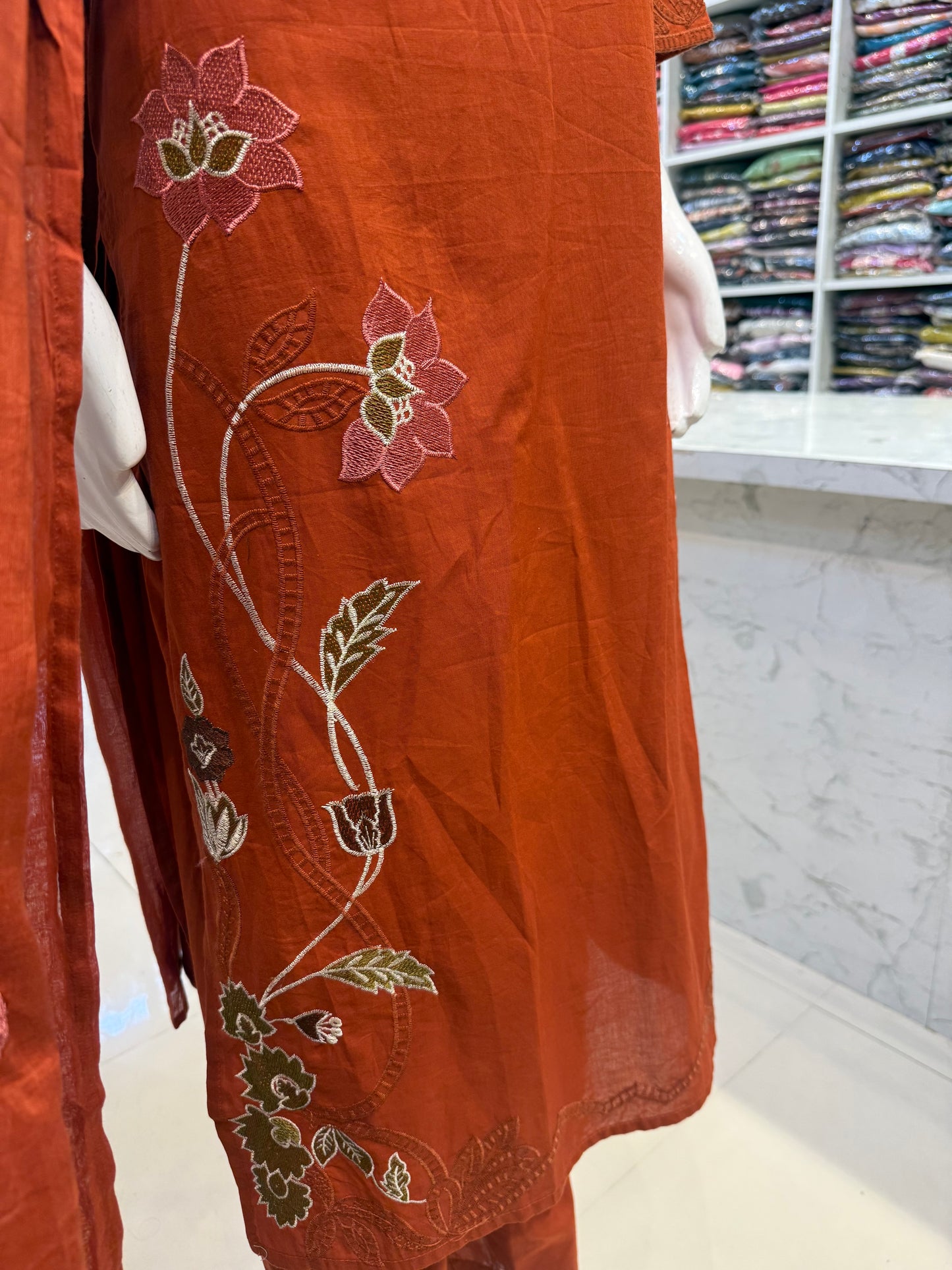 Rust Orange Floral Cutwork Cotton Kurti With Pant and Dupatta-HSC136