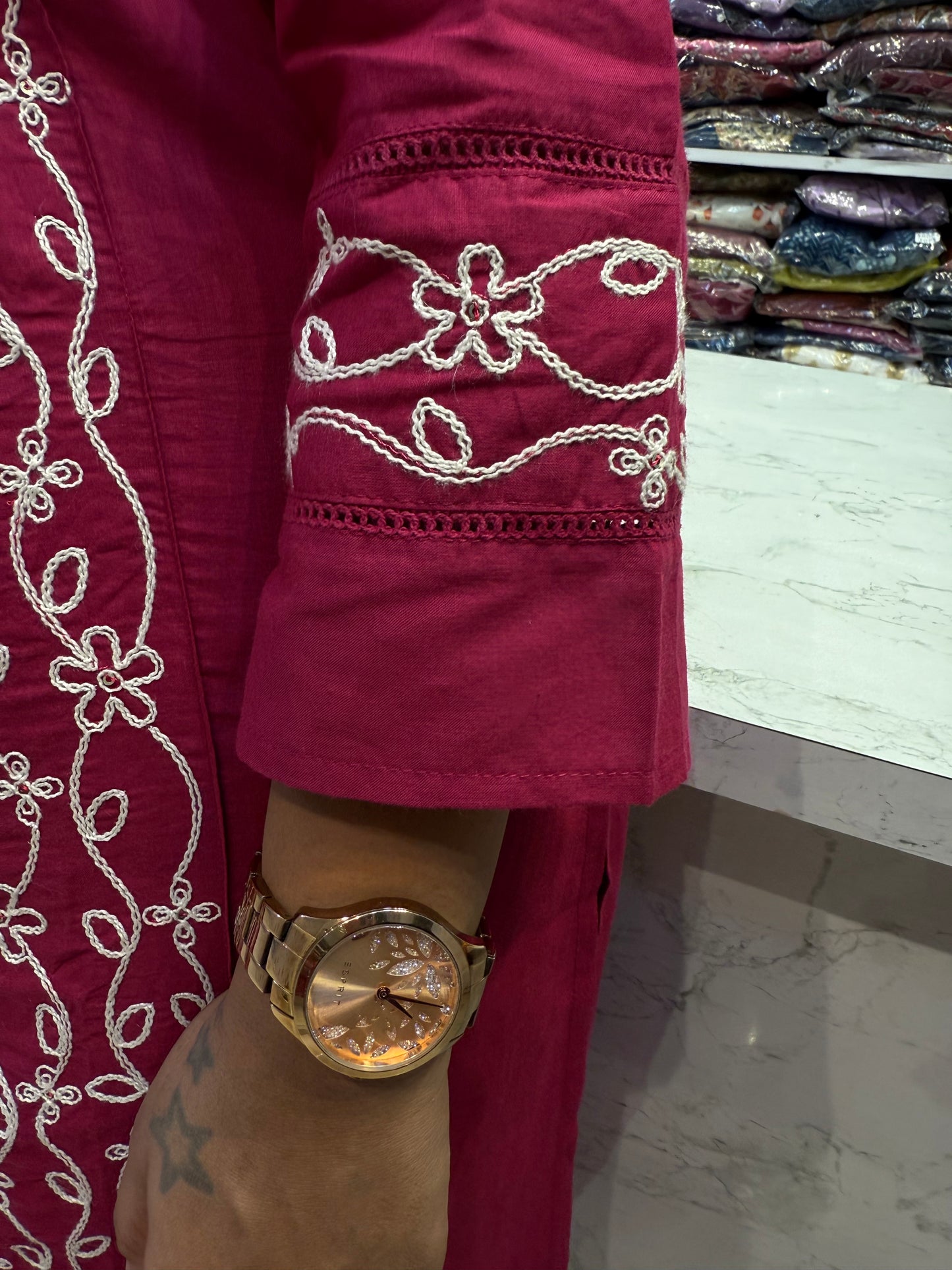 Rani Pink Embroidery Pure Cotton Kurti With Pant and Dupatta-HSC10