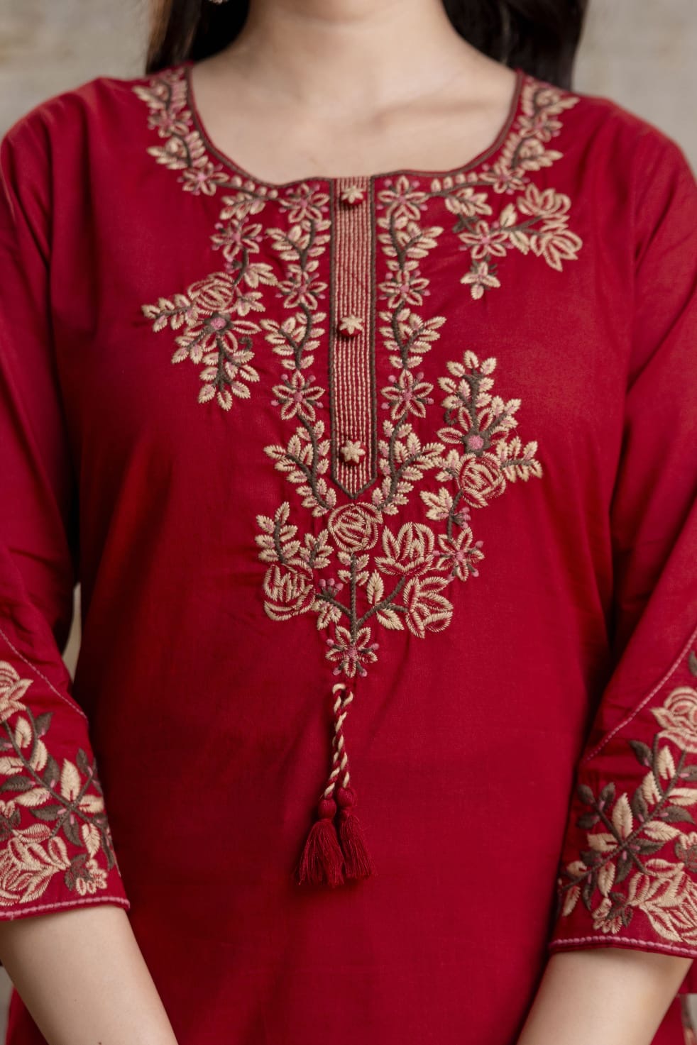 Red Embroidery Pure Cotton Kurti With Pant and Dupatta - HSC1145