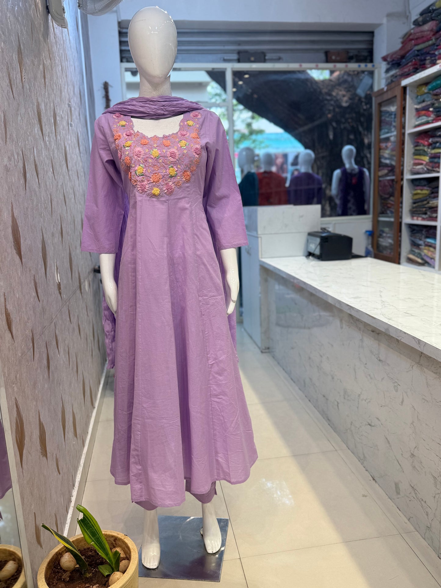 Lilac Designer Wear Pure Cotton Hand Embroidery Anarkali Kurti With Pant and Dupatta-HSC103