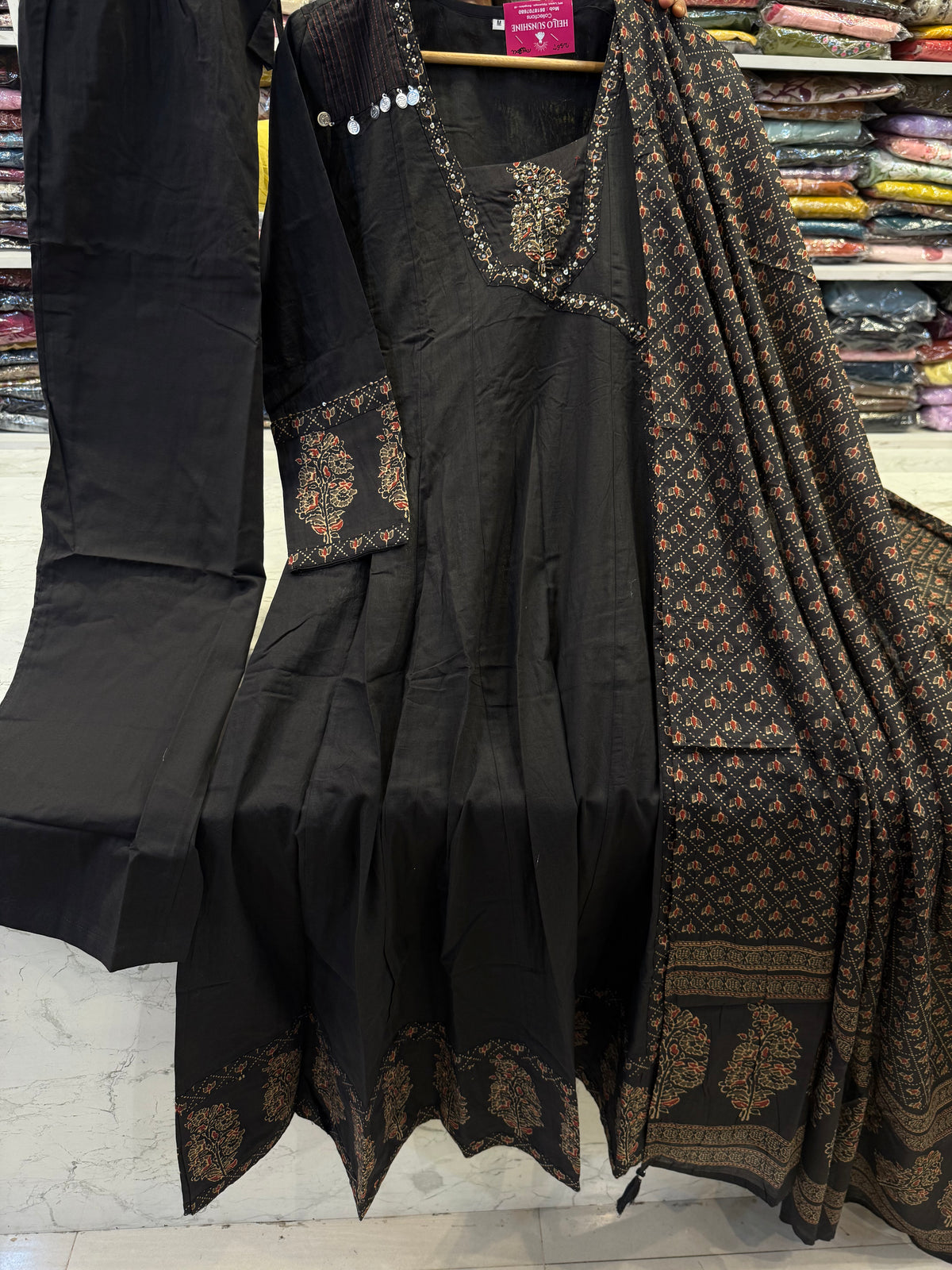 Black Pure Cotton A-line Kurti With Pant and Printed Dupatta -HSC1262