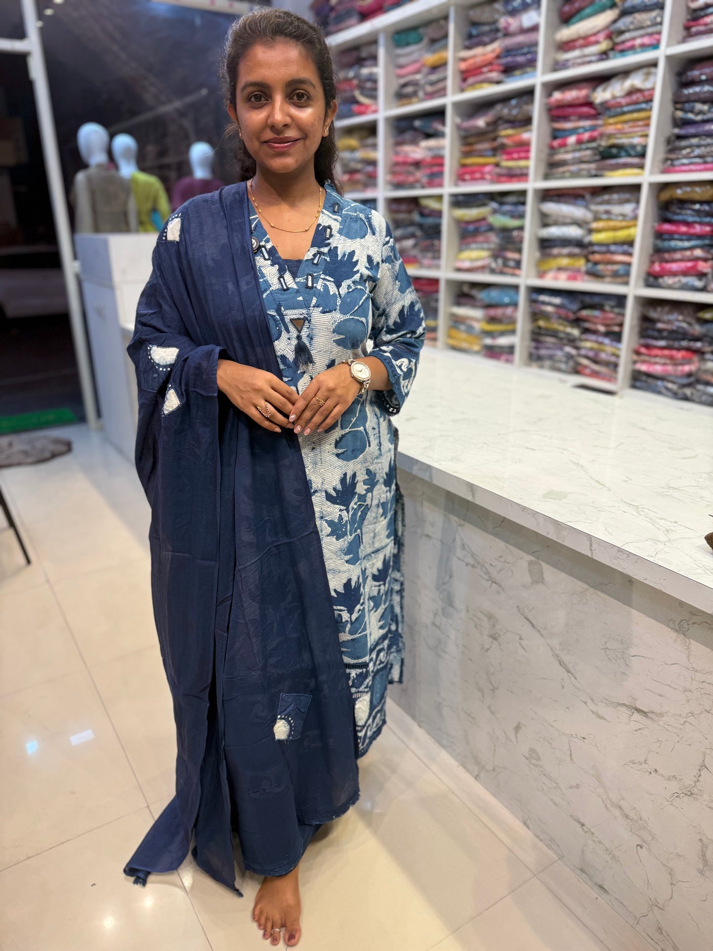 Indigo Pure Cotton With Lace detail Kurti With Pant and Dupatta
