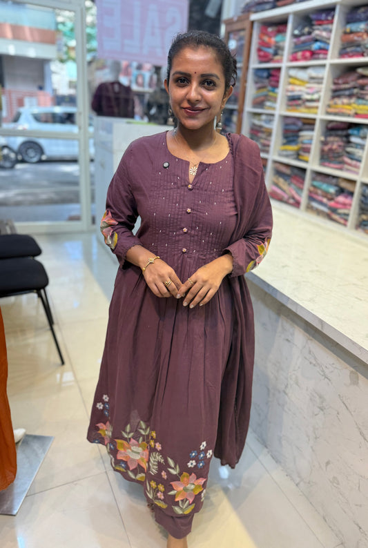 Mul Cotton Embroidery A-line Kurti With Pant And Dupatta