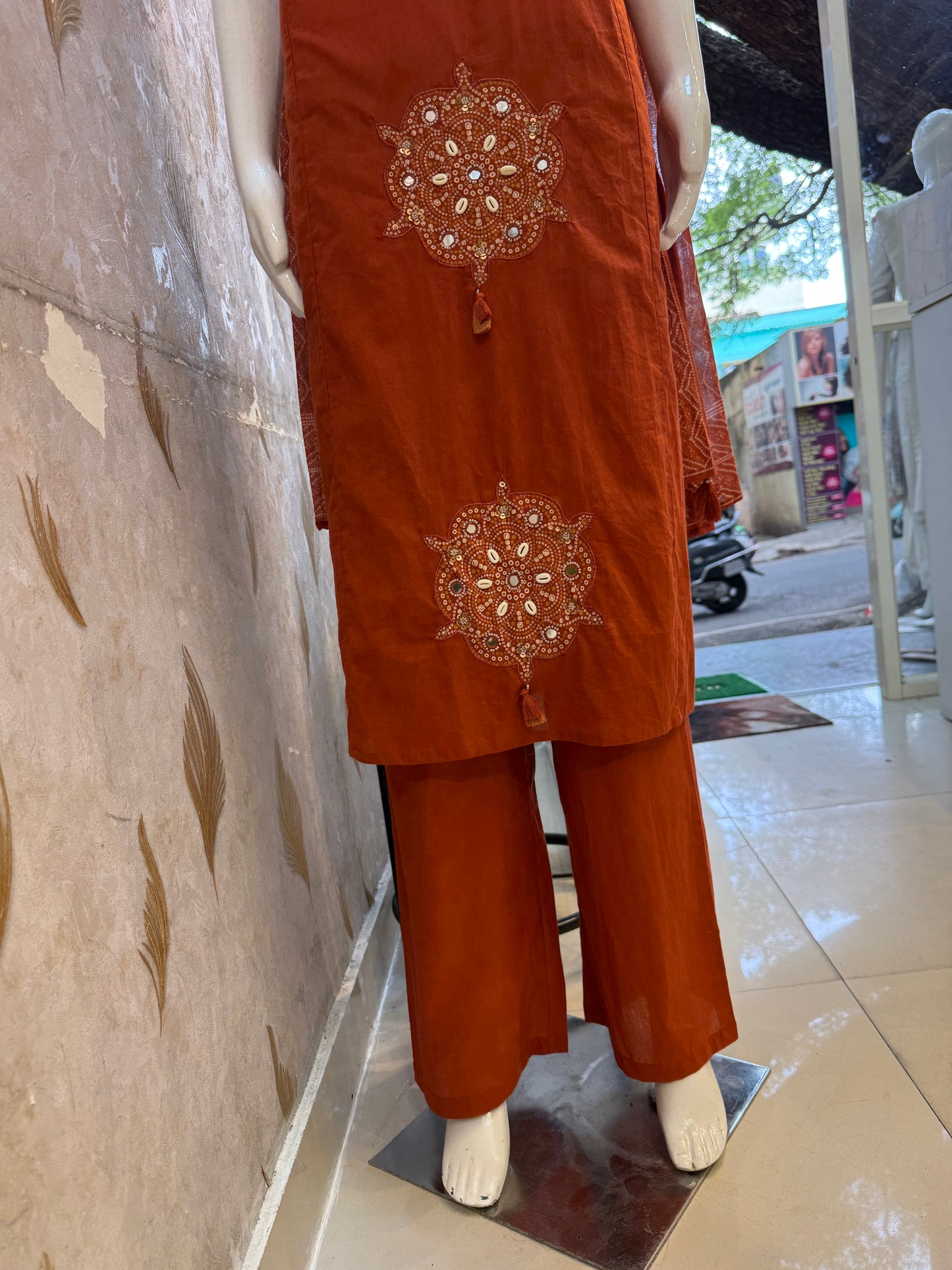 Bandini Printed Rust Orange Pure Cotton Kurti With Pant and Dupatta