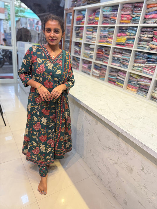 Bottle Green Pure Cotton A-line Kurti with Pant and Dupatta