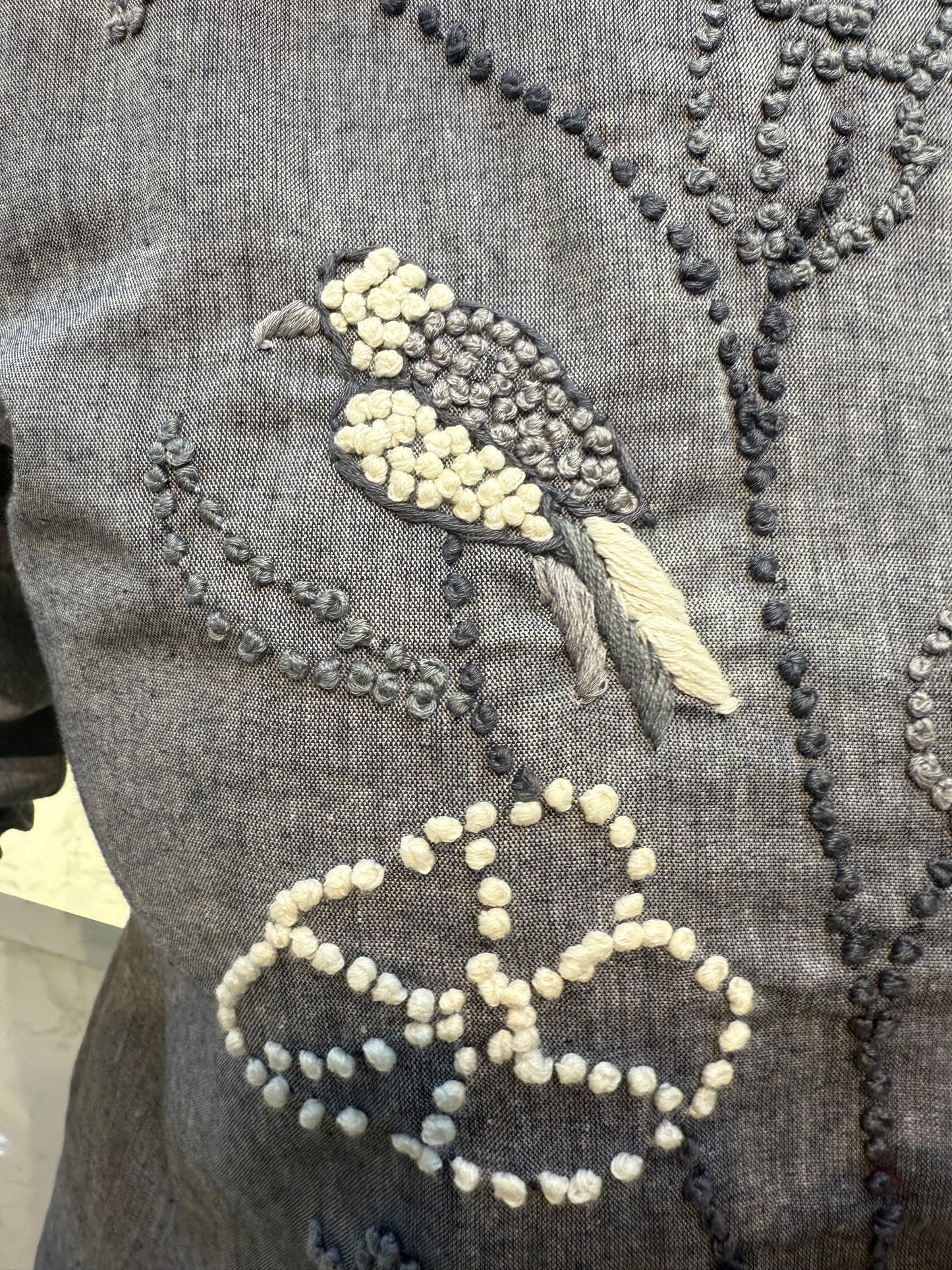 Grey Pure Cotton Bird Embroidery Kurti