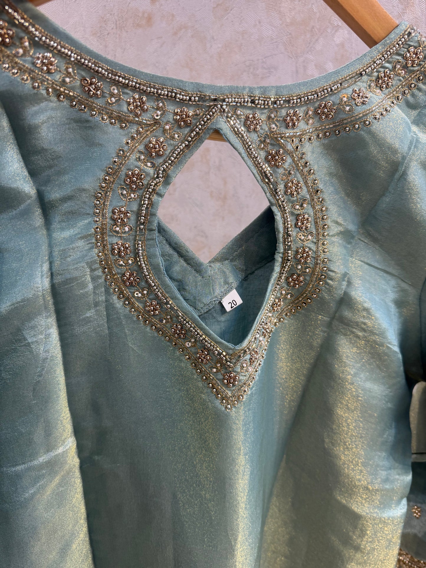 Shimmer Tissue Handwork Kurti With Divider Pant and scallop cut Work Dupatta-HSC34