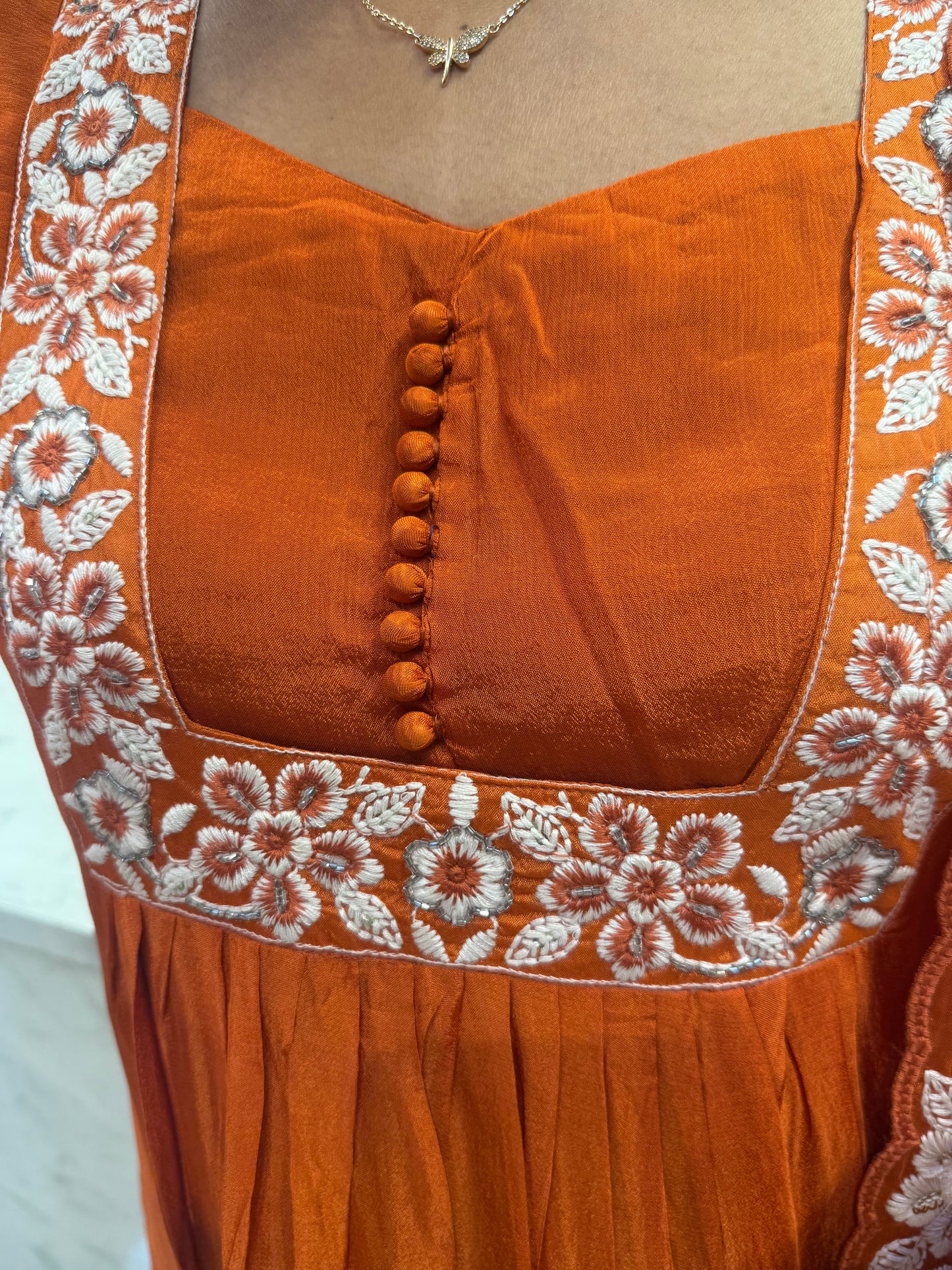 Orange Pure Chinnon Kurti With Pant and Dupatta