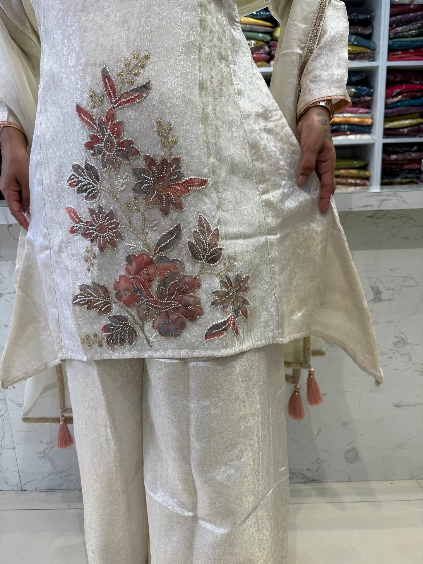 Premium Tissue Jacquard Fish Cut Kurti With Divider Pant and Dupatta