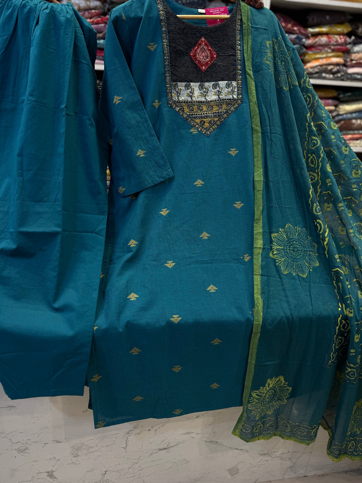 Teal Blue Pure Handloom Patch Work HandWork Kurti With Pant and Dupatta - HSC1146