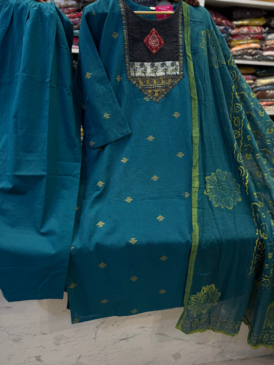 Teal Blue Pure Handloom Patch Work HandWork Kurti With Pant and Dupatta - HSC1146