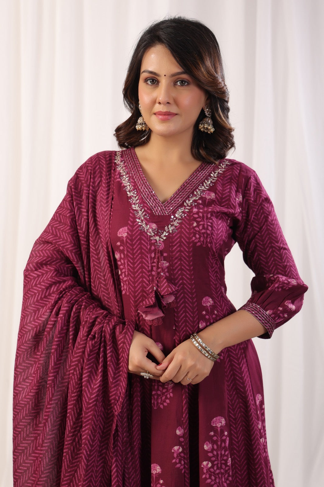 Wine Anarkali Pure Cotton Kurti With Pant and Dupatta-HSC106
