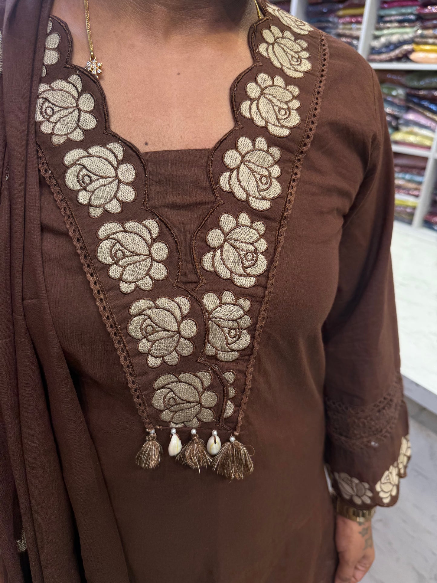 Scallop Cutwork Cotton Kurti With Pant And Dupatta